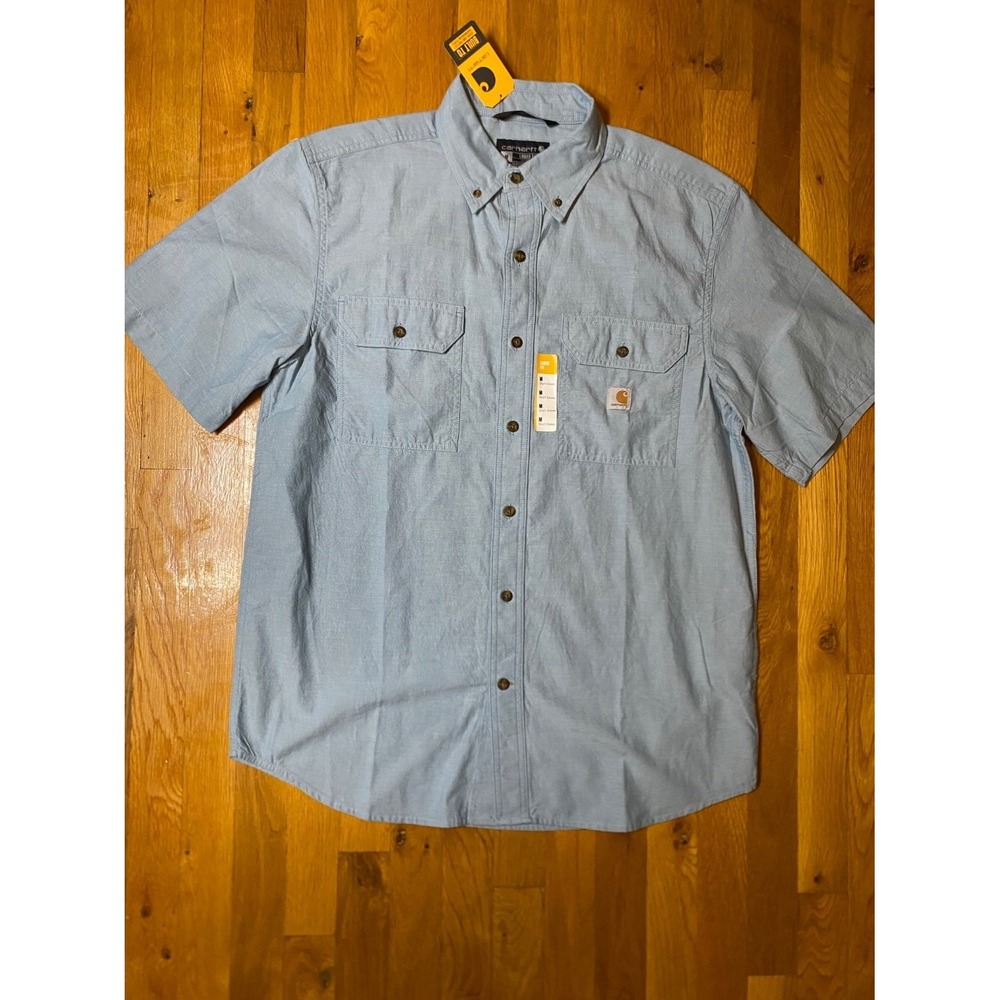 Carhartt Shirt Short Sleeve Men Blue Medium Chambray Button Up Loose Fit Outdoor